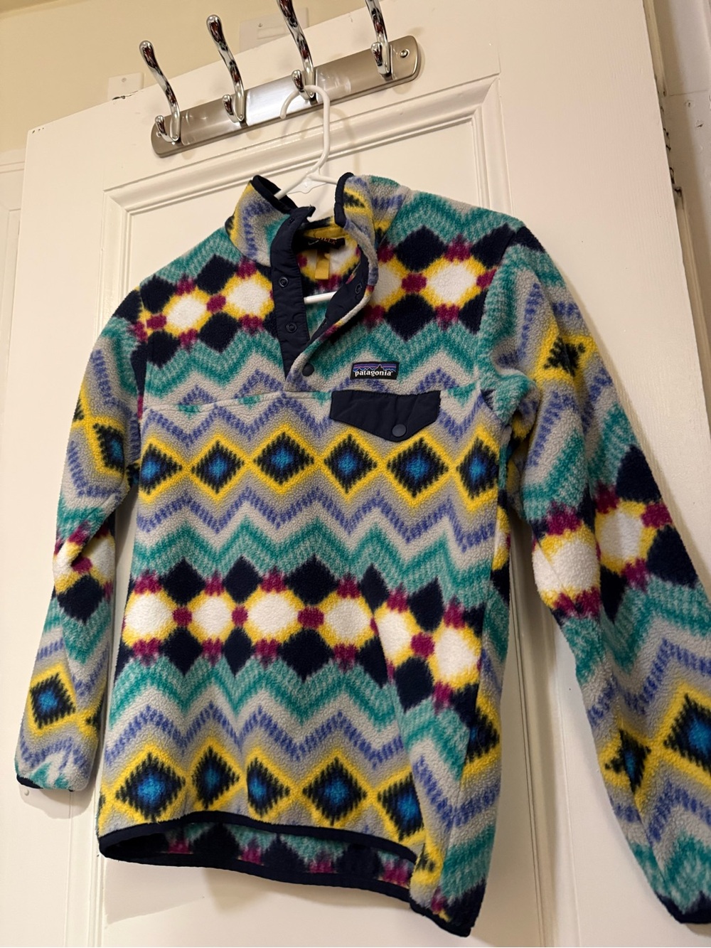 Patagonia Multicolor Geometric Fleece Pullover - Teal, Yellow, Navy, White